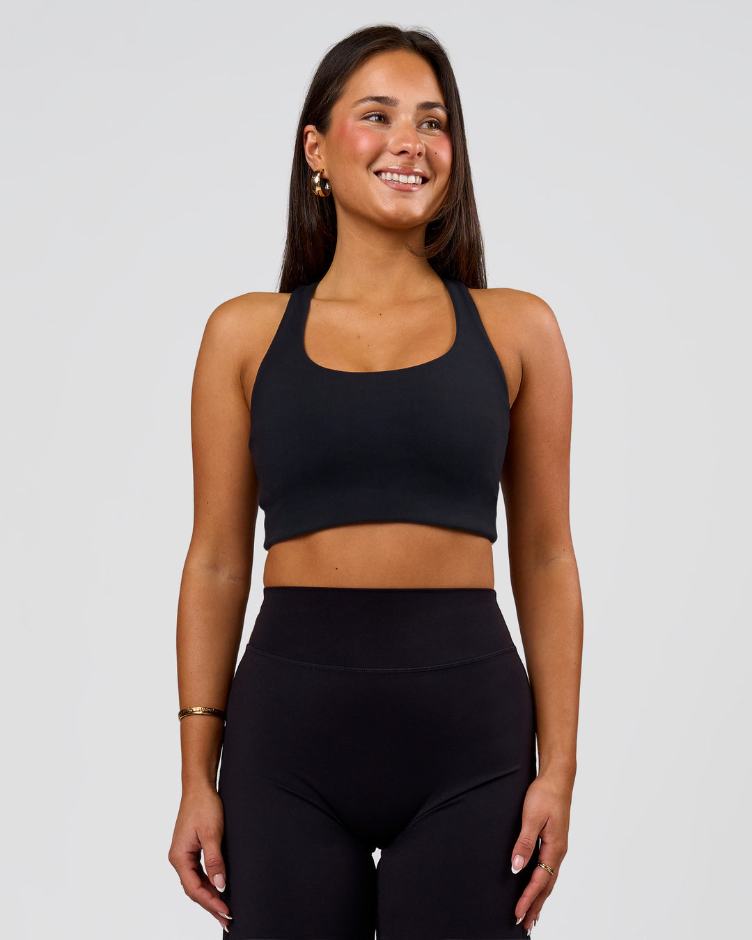 Woman wearing Flow Long Line Sports Bra - Black | Model:Bianca | Size:S - view 9
