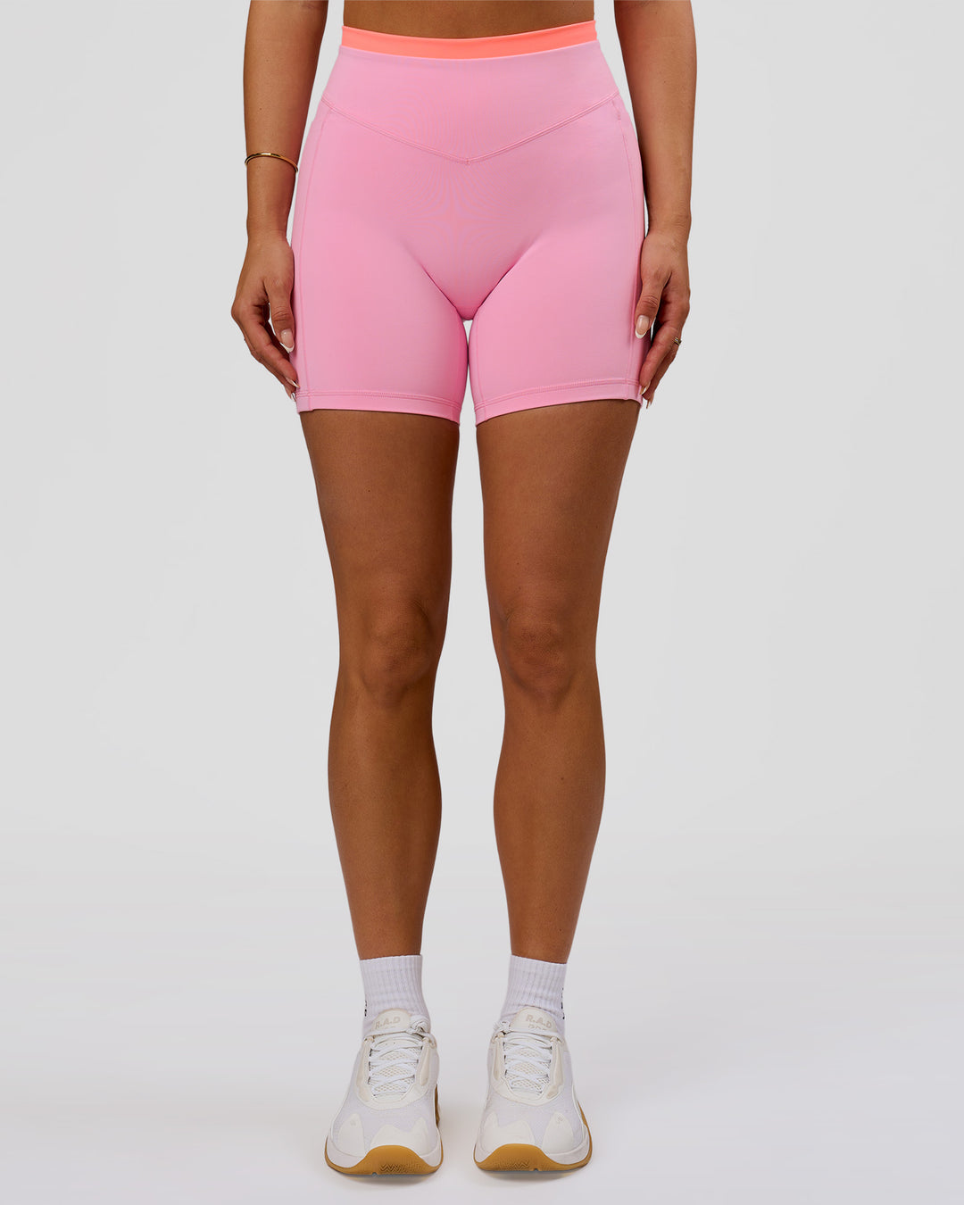 Woman wearing Fusion Contrast V-Waist High-Rise 6" Short Pockets - Pink Rose-Hyper Orange | Model:Bianca | Size:S - view 6
