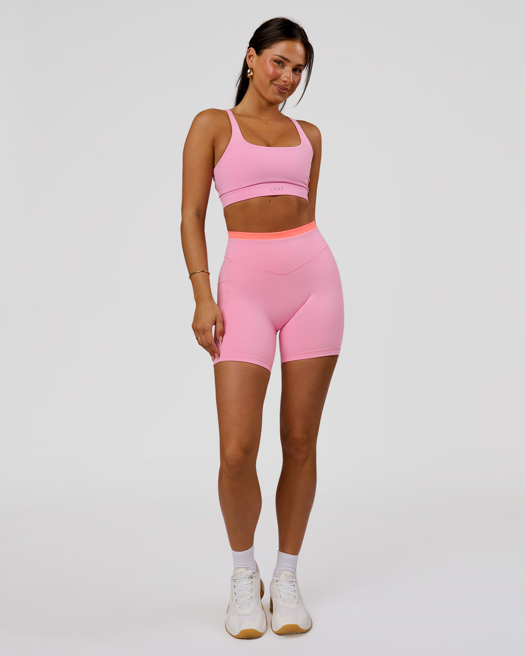 Woman wearing Fusion Contrast V-Waist High-Rise 6" Short Pockets - Pink Rose-Hyper Orange | Model:Bianca | Size:S - view 9