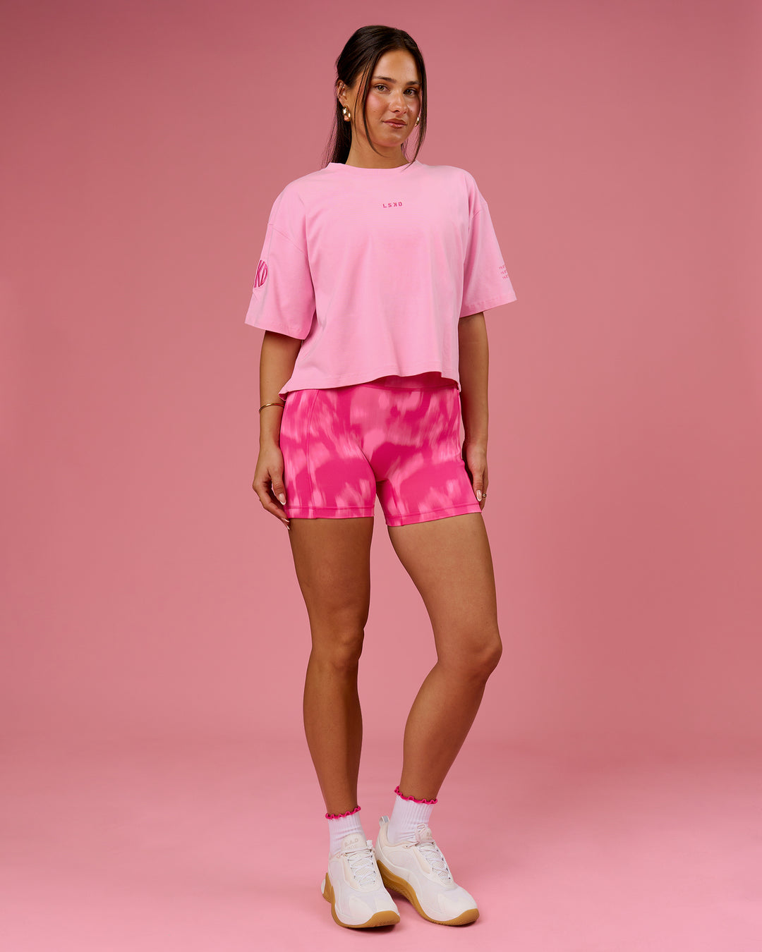 Woman wearing Go-To Heavyweight FLXCotton Graphic Skimmer Tee - Pink Rose-We Rise | Model:Bianca | Size:S - view 5