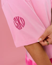 Woman wearing Go-To Heavyweight FLXCotton Graphic Skimmer Tee - Pink Rose-We Rise | Model:Bianca | Size:S | Thumbnail Index: 12