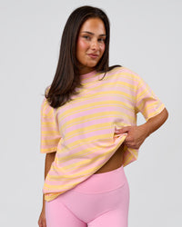 Woman wearing Go-To Shadow Stripe FLXCotton Oversized Tee - Lemon-Marshmallow | Model:Bianca | Size:S | Thumbnail Index: 1