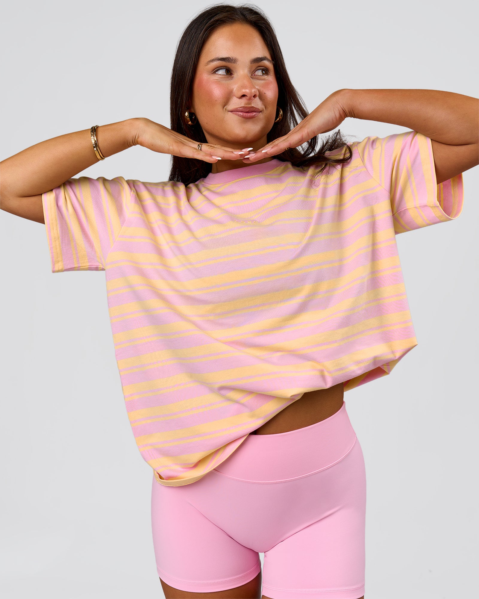 Woman wearing Go-To Shadow Stripe FLXCotton Oversized Tee - Lemon-Marshmallow | Model:Bianca | Size:S