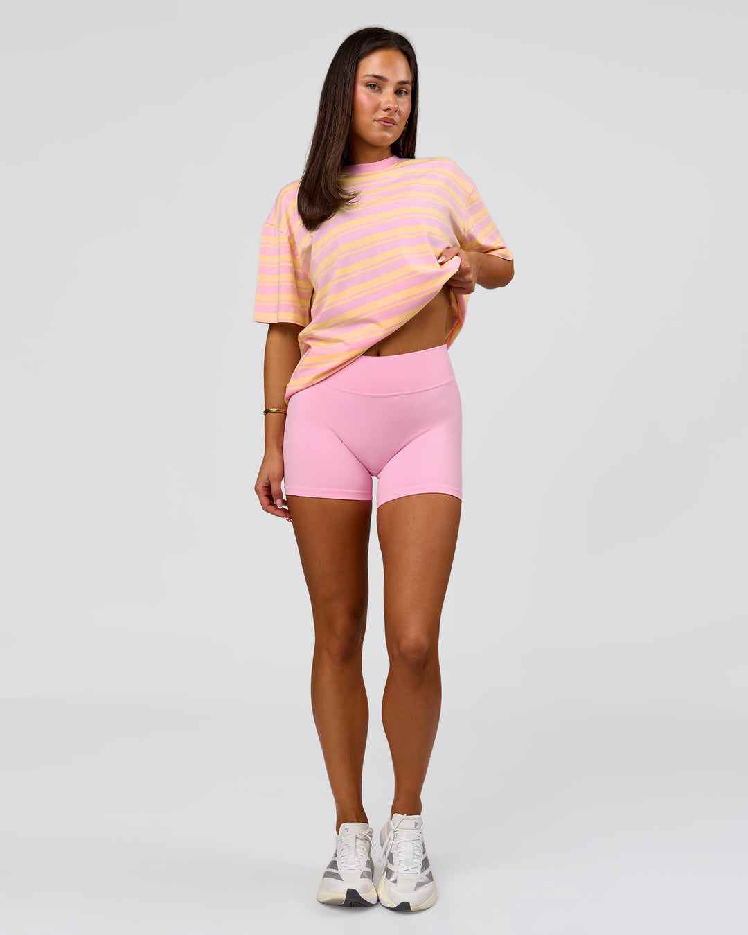 Woman wearing Go-To Shadow Stripe FLXCotton Oversized Tee - Lemon-Marshmallow | Model:Bianca | Size:S - view 3