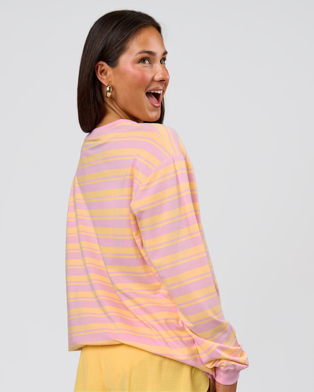 Woman wearing Go-To Shadow Stripe Long Sleeve FLXCotton Oversized Tee - Lemon-Marshmallow | Model:Bianca | Size:S - view 3