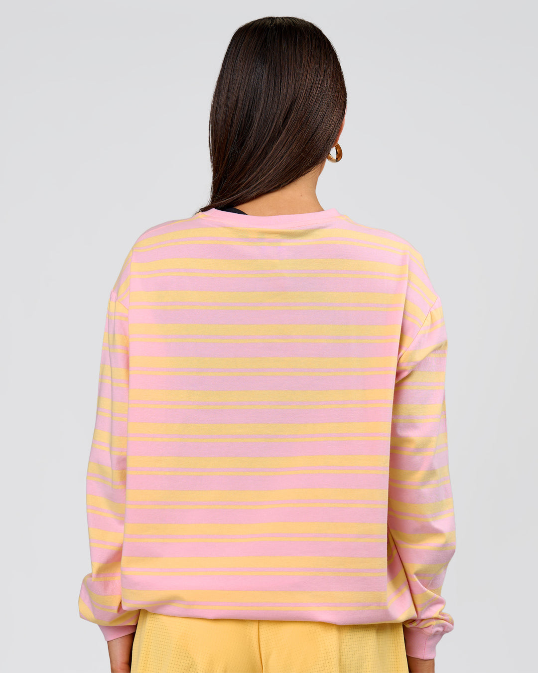 Woman wearing Go-To Shadow Stripe Long Sleeve FLXCotton Oversized Tee - Lemon-Marshmallow | Model:Bianca | Size:S - view 4