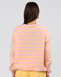 Woman wearing Go-To Shadow Stripe Long Sleeve FLXCotton Oversized Tee - Lemon-Marshmallow | Model:Bianca | Size:S | Thumbnail Index: 3
