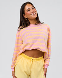 Woman wearing Go-To Shadow Stripe Long Sleeve FLXCotton Oversized Tee - Lemon-Marshmallow | Model:Bianca | Size:S | Thumbnail Index: 6