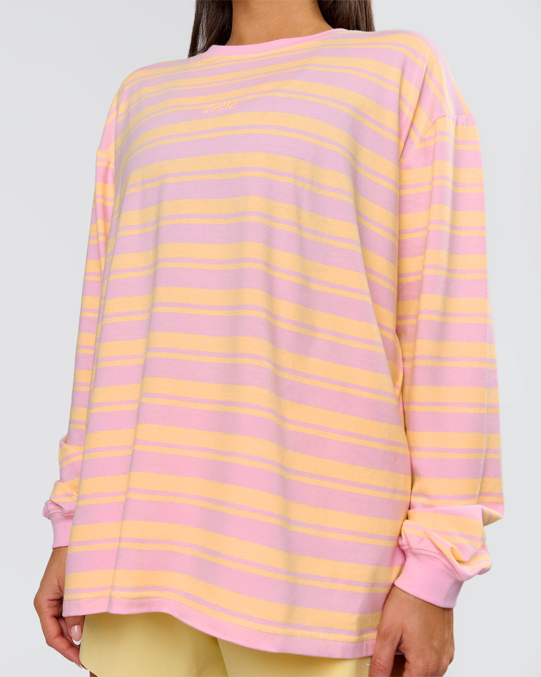 Woman wearing Go-To Shadow Stripe Long Sleeve FLXCotton Oversized Tee - Lemon-Marshmallow | Model:Bianca | Size:S - view 10