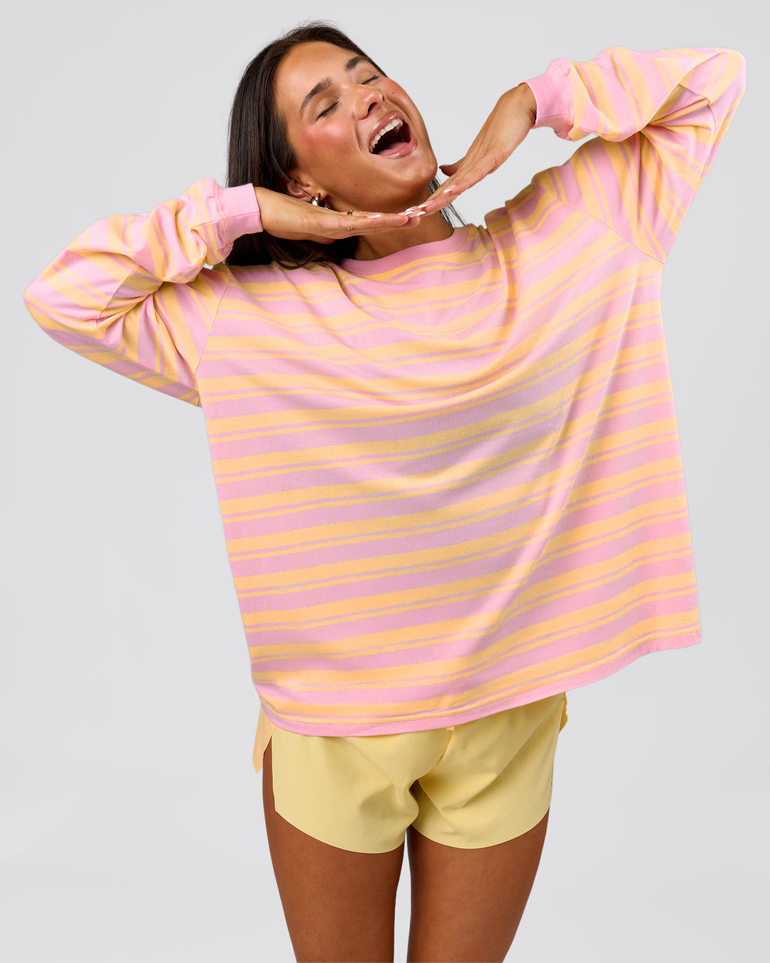 Woman wearing Go-To Shadow Stripe Long Sleeve FLXCotton Oversized Tee - Lemon-Marshmallow | Model:Bianca | Size:S - view 12