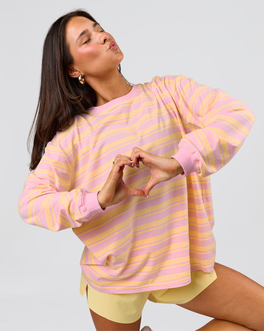Woman wearing Go-To Shadow Stripe Long Sleeve FLXCotton Oversized Tee - Lemon-Marshmallow | Model:Bianca | Size:S - view 13