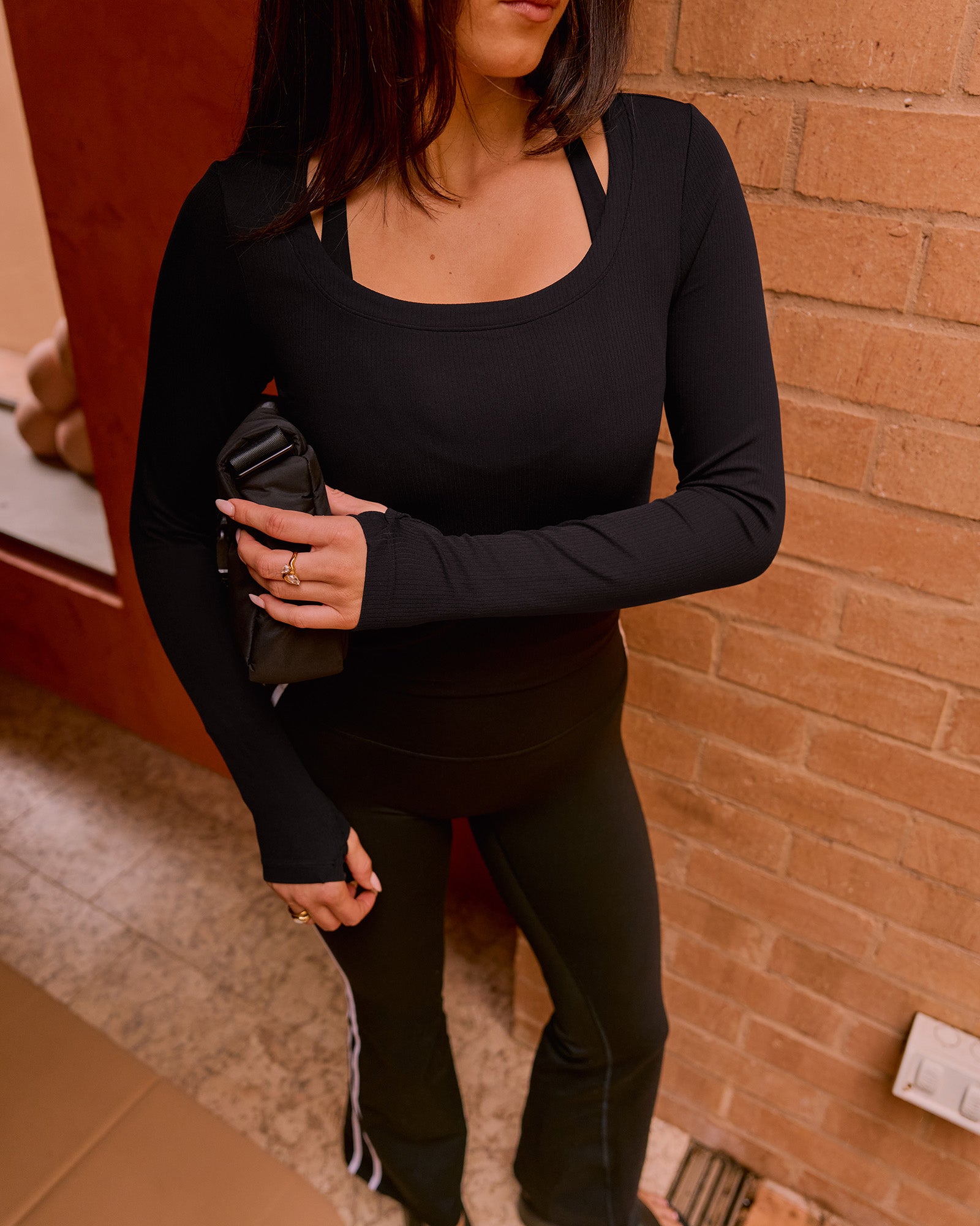 Woman wearing Horizon Long Sleeve Tee - Black | Model:Bianca | Size:S