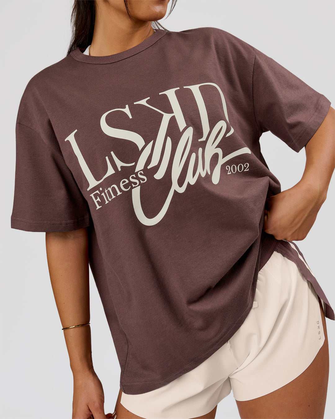 Woman wearing LSKD Fitness Club Heavyweight Oversized Tee - Cocoa Powder-Off White | Model:Bianca | Size:S - view 2