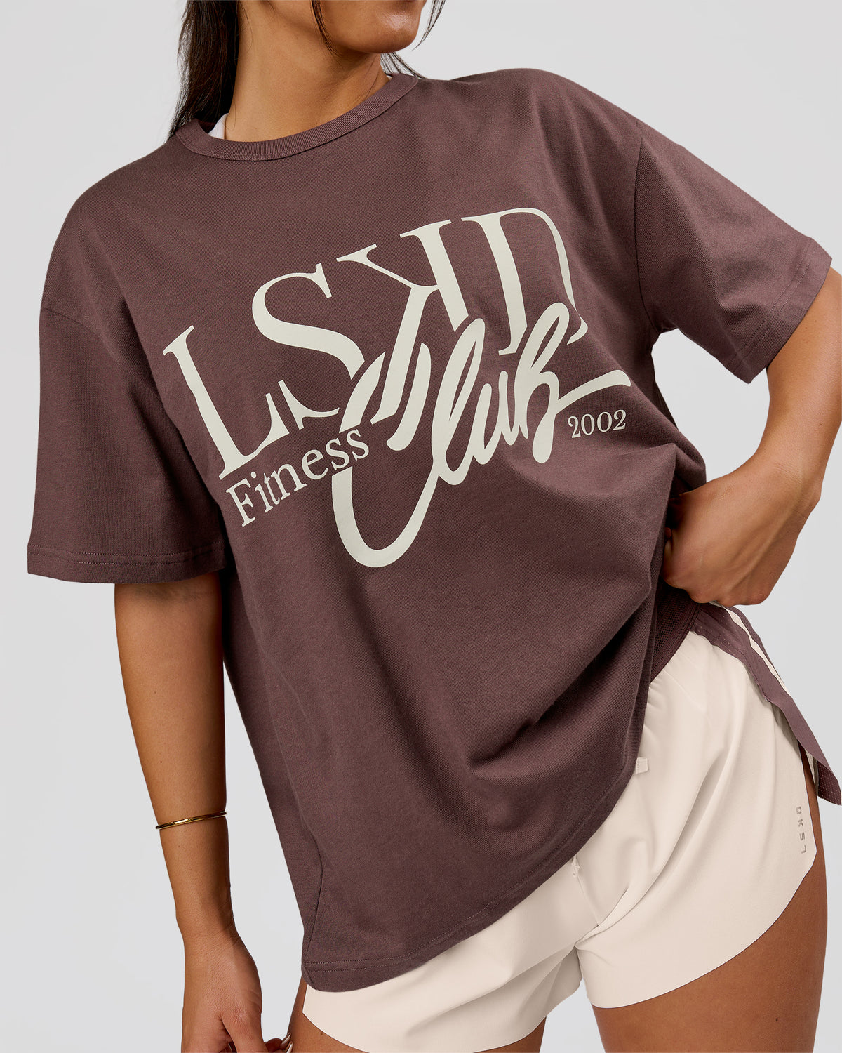 Woman wearing LSKD Fitness Club Heavyweight Oversized Tee - Cocoa Powder-Off White | Model:Bianca | Size:S - view 2