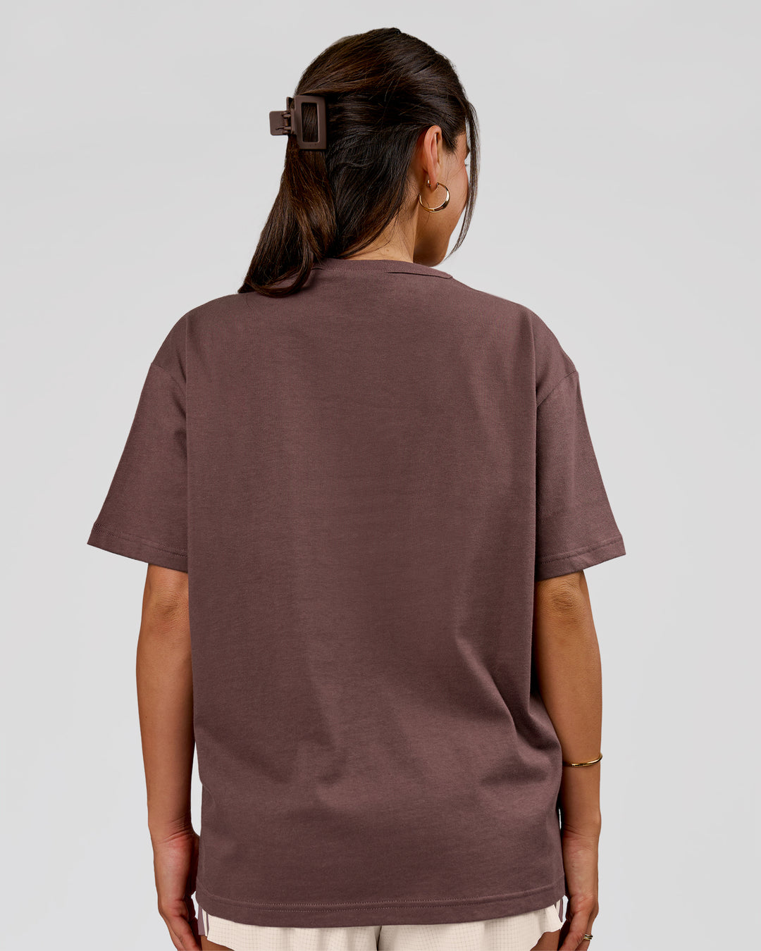 Woman wearing LSKD Fitness Club Heavyweight Oversized Tee - Cocoa Powder-Off White | Model:Bianca | Size:S - view 3