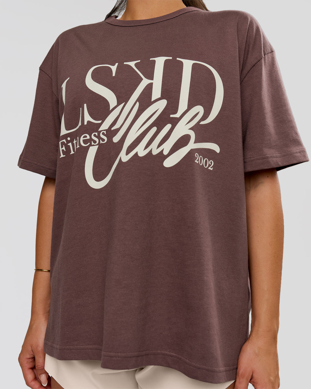 Woman wearing LSKD Fitness Club Heavyweight Oversized Tee - Cocoa Powder-Off White | Model:Bianca | Size:S - view 5