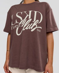 Woman wearing LSKD Fitness Club Heavyweight Oversized Tee - Cocoa Powder-Off White | Model:Bianca | Size:S | Thumbnail Index: 4