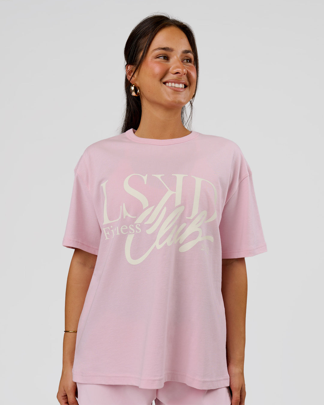 Woman wearing LSKD Fitness Club Heavyweight Oversized Tee - Marshmallow-Off White | Model:Bianca | Size:S - view 1