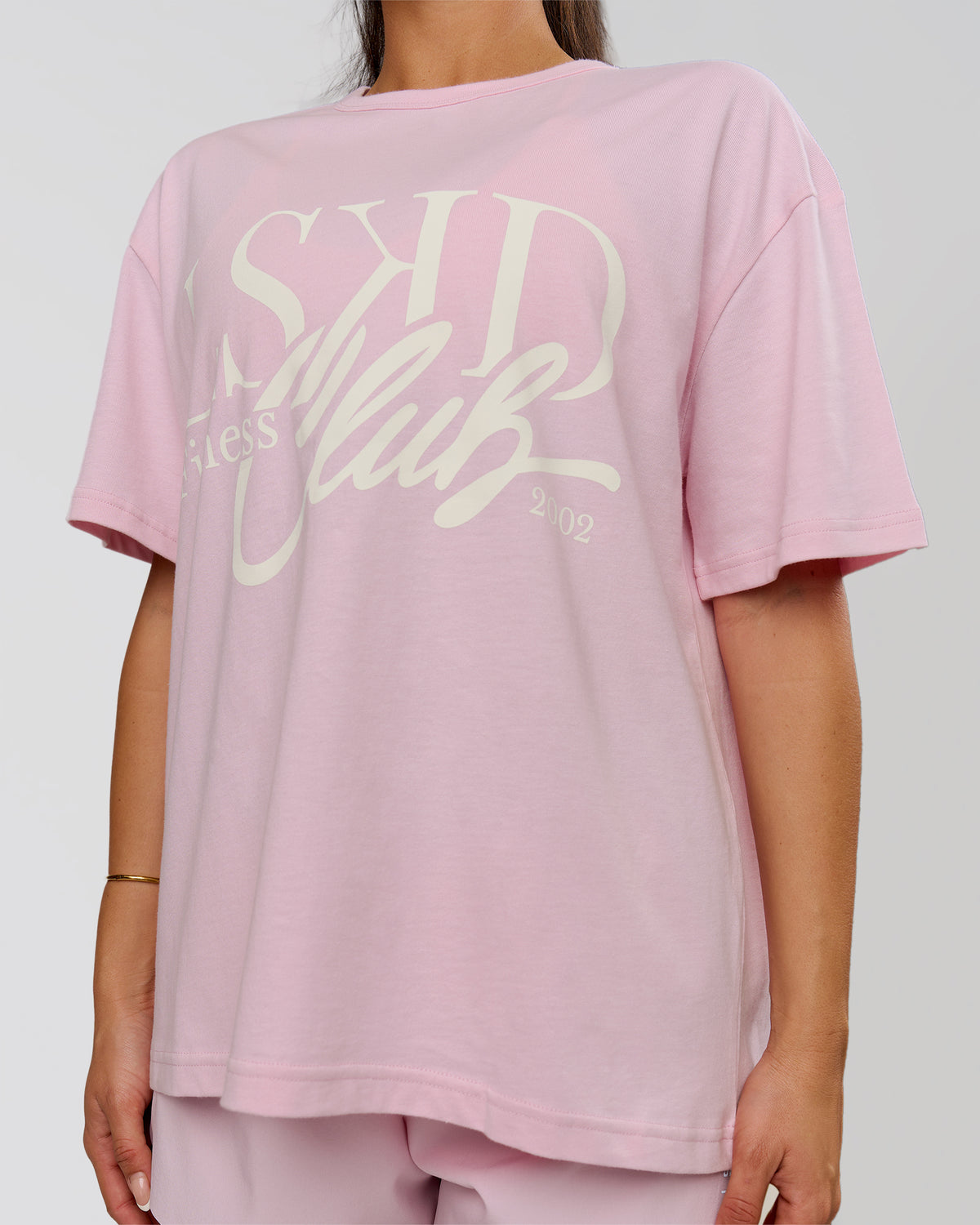 Woman wearing LSKD Fitness Club Heavyweight Oversized Tee - Marshmallow-Off White | Model:Bianca | Size:S - view 2