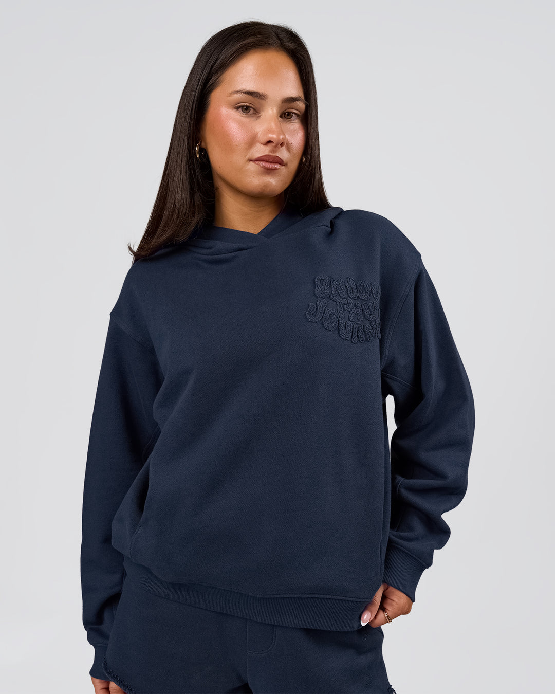 Woman wearing MVP Elite French Terry Hoodie - Future Navy | Model:Bianca | Size:S - view 17