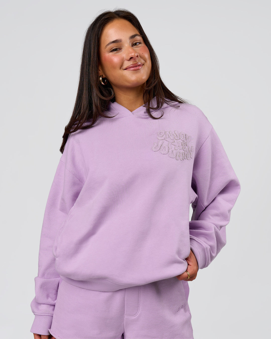 Woman wearing MVP Elite French Terry Hoodie - Pale Lilac | Model:Bianca | Size:S - view 2
