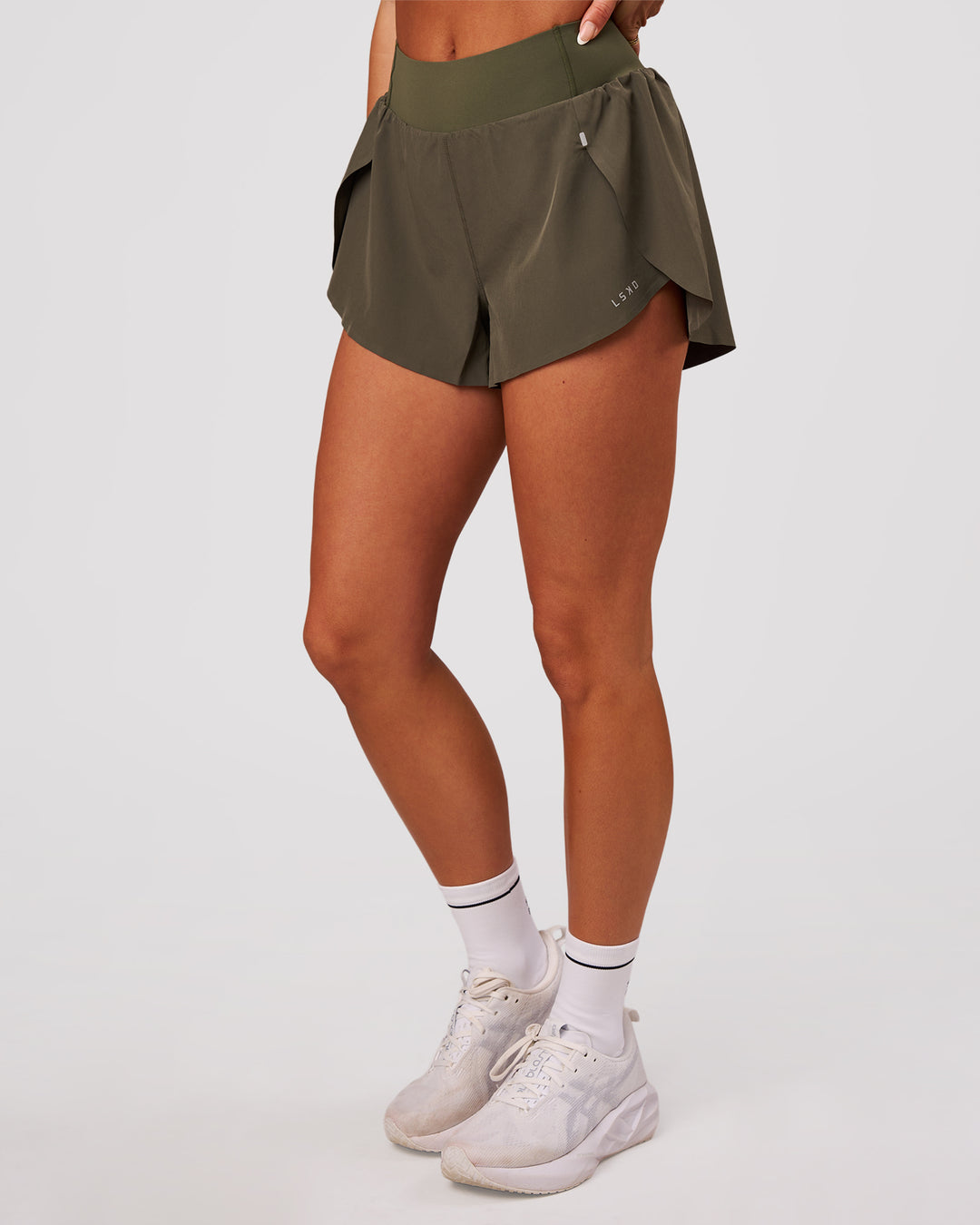 Woman wearing Pacer 3" Run Short - Pure Olive | Model:Bianca | Size:S - view 2