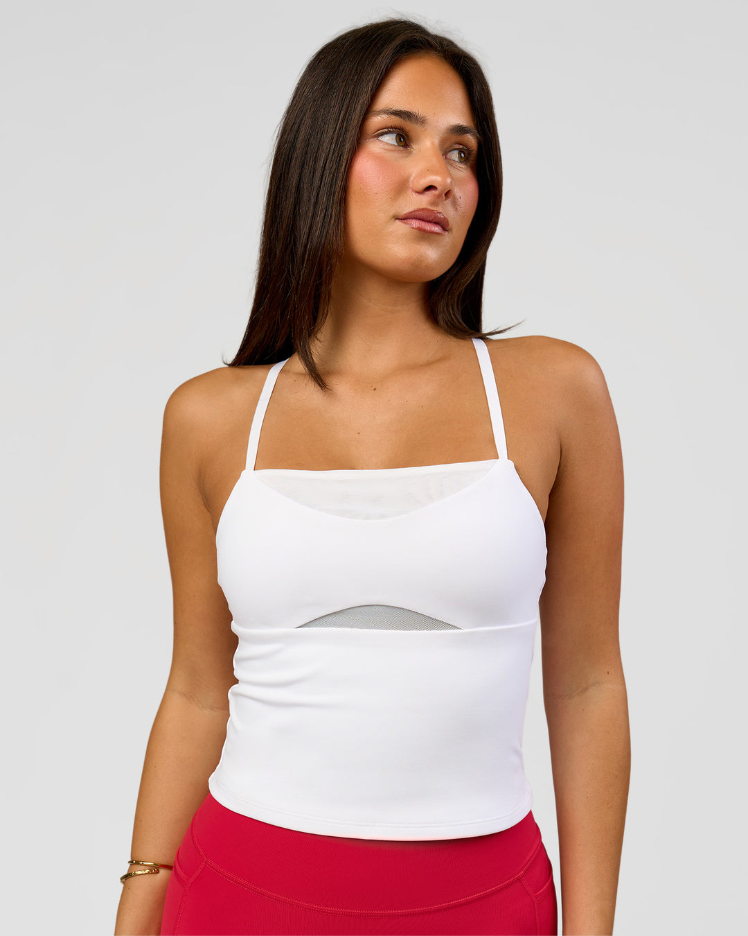 Woman wearing Podium Mesh Shelf Bra Tank - White | Model:Bianca | Size:S - view 6