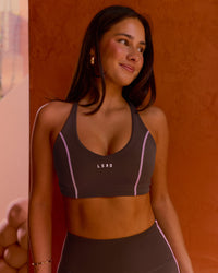 Woman wearing Stellar Sports Bra - Hot Chocolate-Pink Rose | Model:Bianca | Size:S | Thumbnail Index: 2