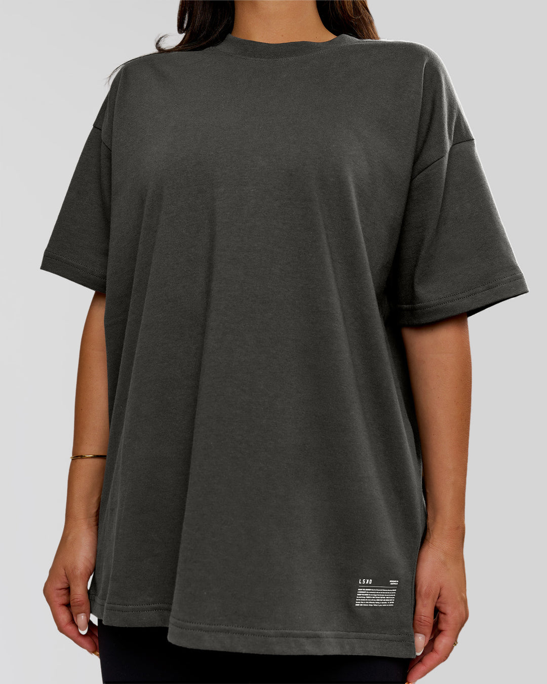 Woman wearing Strata Heavyweight Oversized Tee - Onyx | Model:Bianca | Size:S - view 9
