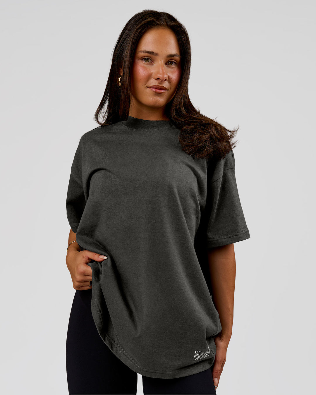 Woman wearing Strata Heavyweight Oversized Tee - Onyx | Model:Bianca | Size:S - view 7