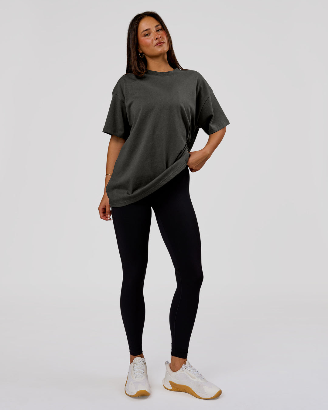 Woman wearing Strata Heavyweight Oversized Tee - Onyx | Model:Bianca | Size:S - view 12