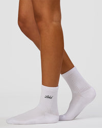 Woman wearing Script Quarter Socks 3 Pack 2.0 - Black-Grey-White | Model:Charli | Size:S