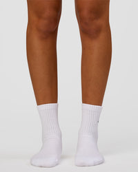 Woman wearing Script Quarter Socks 3 Pack 2.0 - Black-Grey-White | Model:Charli | Size:S