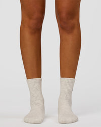 Woman wearing Script Quarter Socks 3 Pack 2.0 - Black-Grey-White | Model:Charli | Size:S