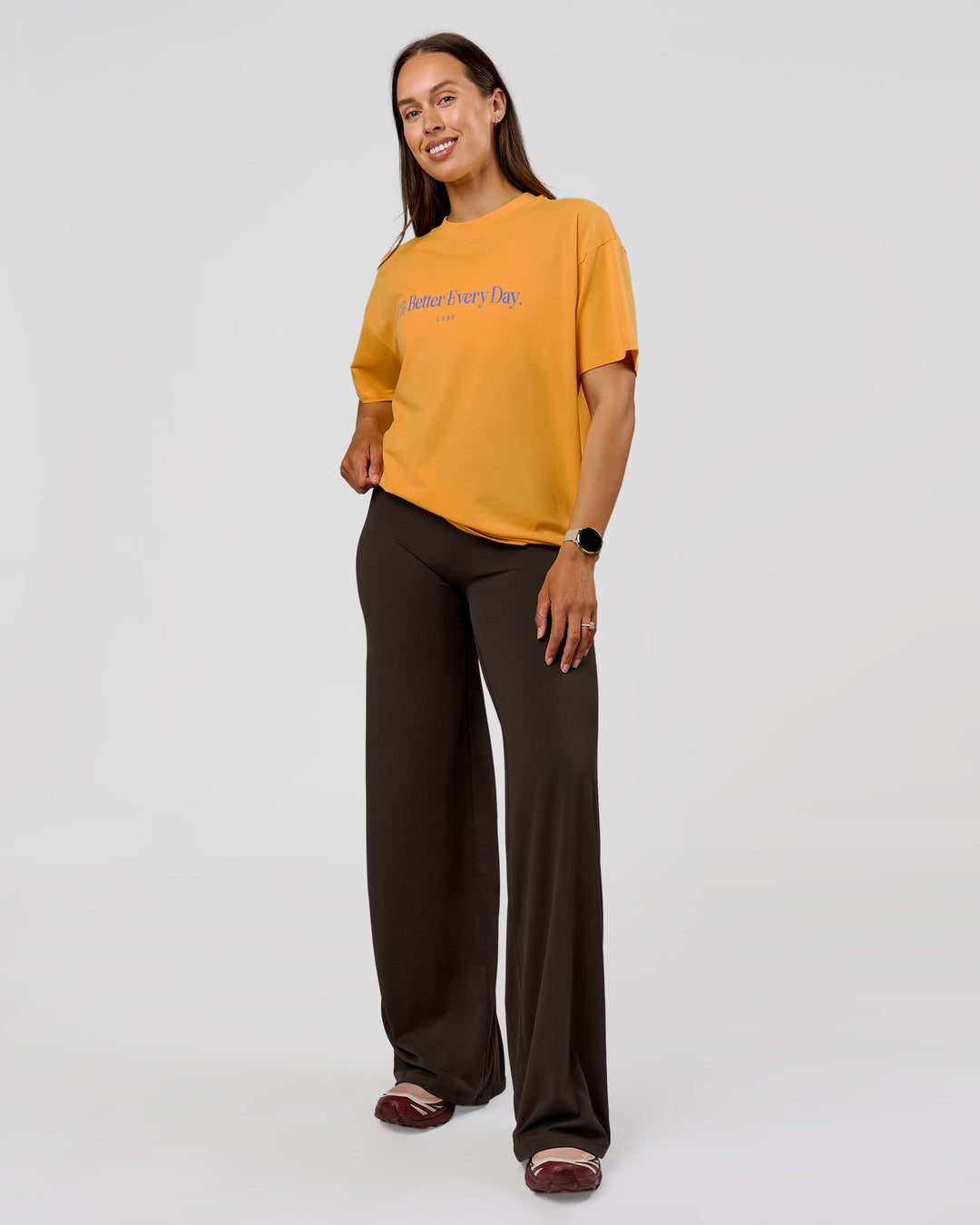 Woman wearing VS6 1% Better Fathers Day FLXCotton Oversized Tee - Warm Apricot | Model:Jess | Size:S - view 6