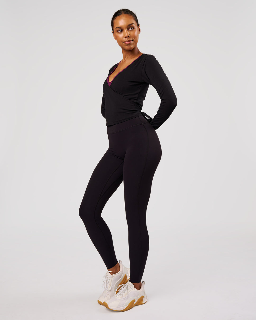 Woman wearing All Day Wrap FLXCotton Long Sleeve Top - Black | Model:Jordan | Size:S - view 7