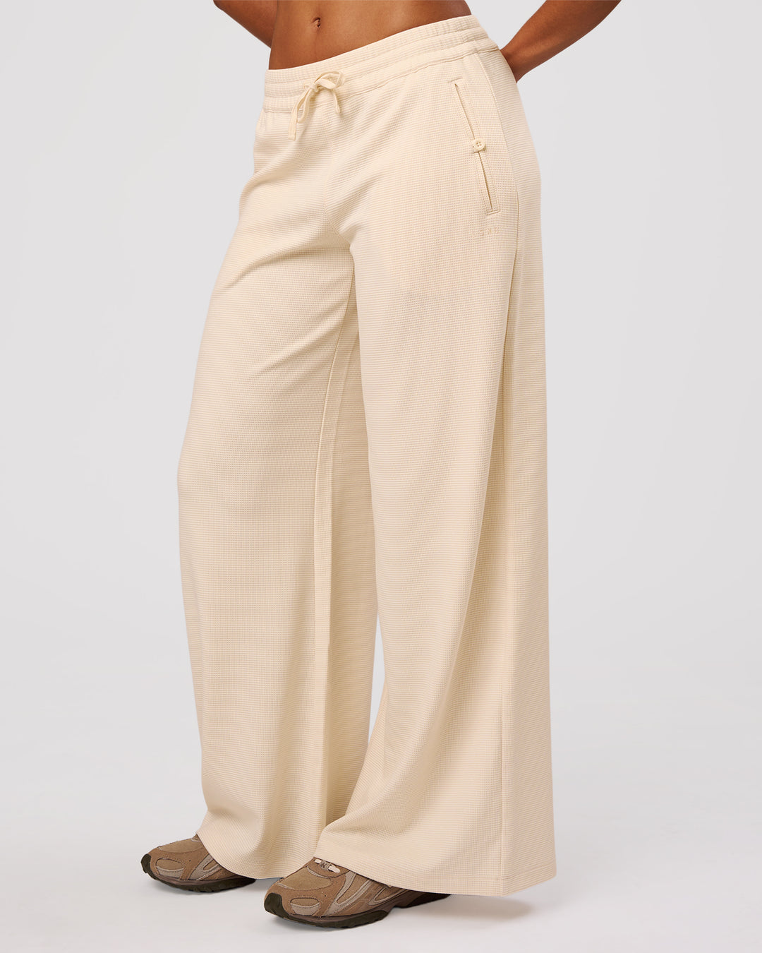 Woman wearing CloudWaffle Wide Leg Pants - Vanilla Bean | Model:Jordan | Size:S - view 1