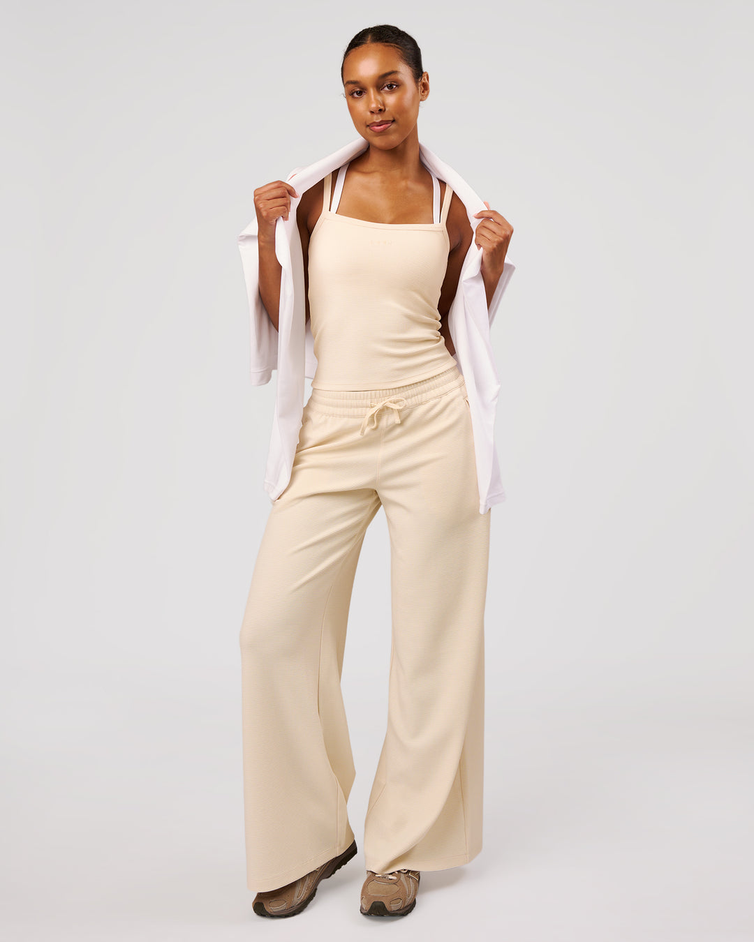 Woman wearing CloudWaffle Wide Leg Pants - Vanilla Bean | Model:Jordan | Size:S - view 3