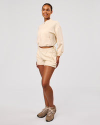 Woman wearing CloudWaffle Wide Leg Shorts - Vanilla Bean | Model:Jordan | Size:S | Thumbnail Index: 1