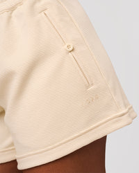 Woman wearing CloudWaffle Wide Leg Shorts - Vanilla Bean | Model:Jordan | Size:S | Thumbnail Index: 4