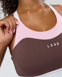 Woman wearing Elevated Accelerate Sports Bra - Cocoa Powder-Marshmallow-White | Model:Jordan | Size:S | Thumbnail Index: 3