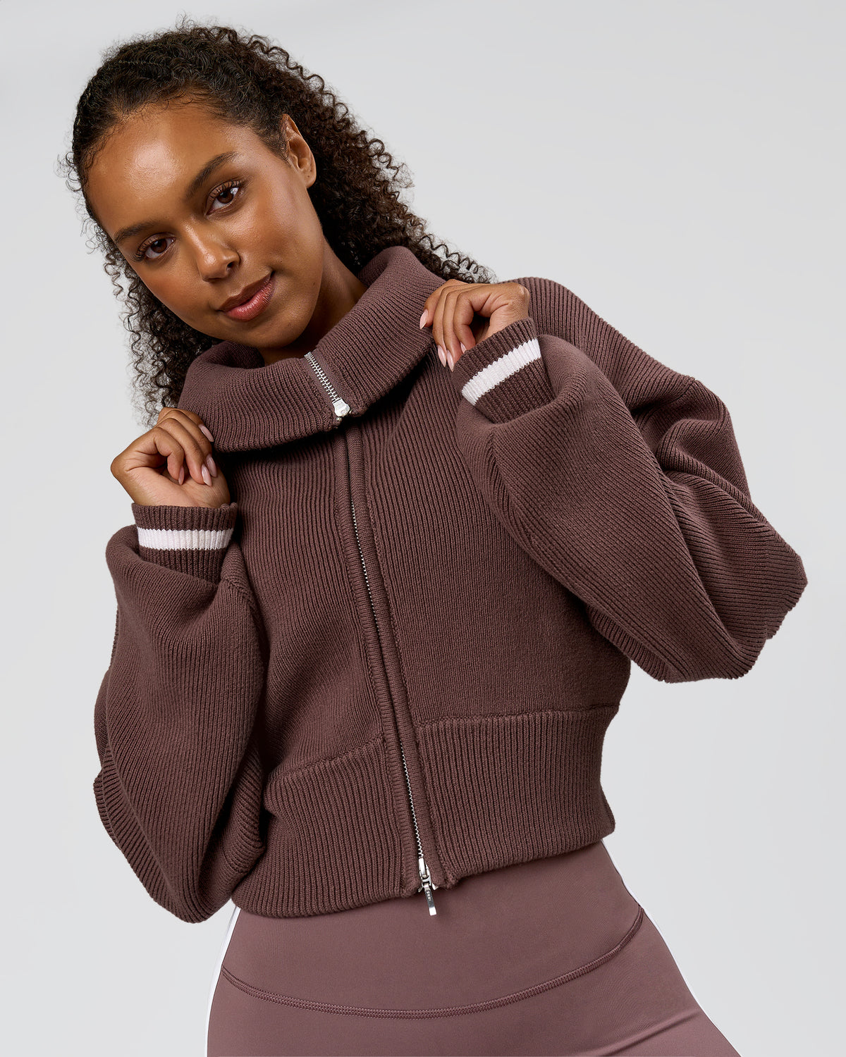 Woman wearing Fierce Knitted Cardigan - Cocoa Powder-White | Model:Jordan | Size:S - view 2