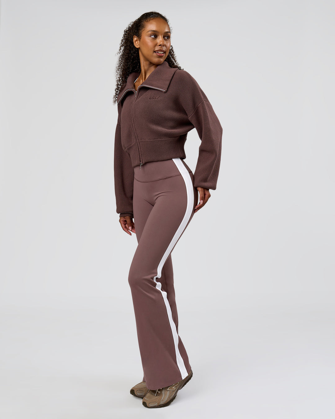 Woman wearing Fierce Knitted Cardigan - Cocoa Powder-White | Model:Jordan | Size:S - view 3