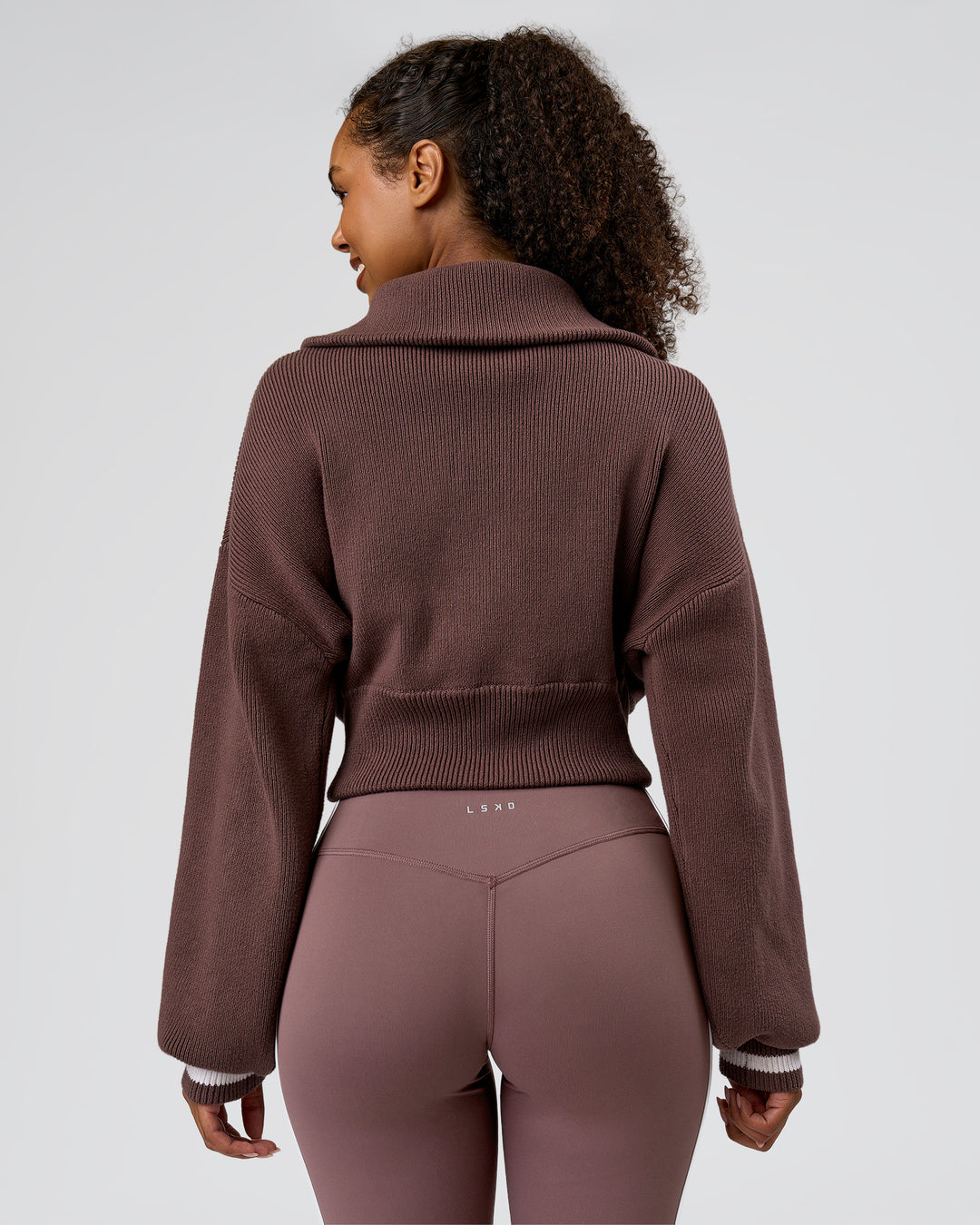 Woman wearing Fierce Knitted Cardigan - Cocoa Powder-White | Model:Jordan | Size:S - view 4