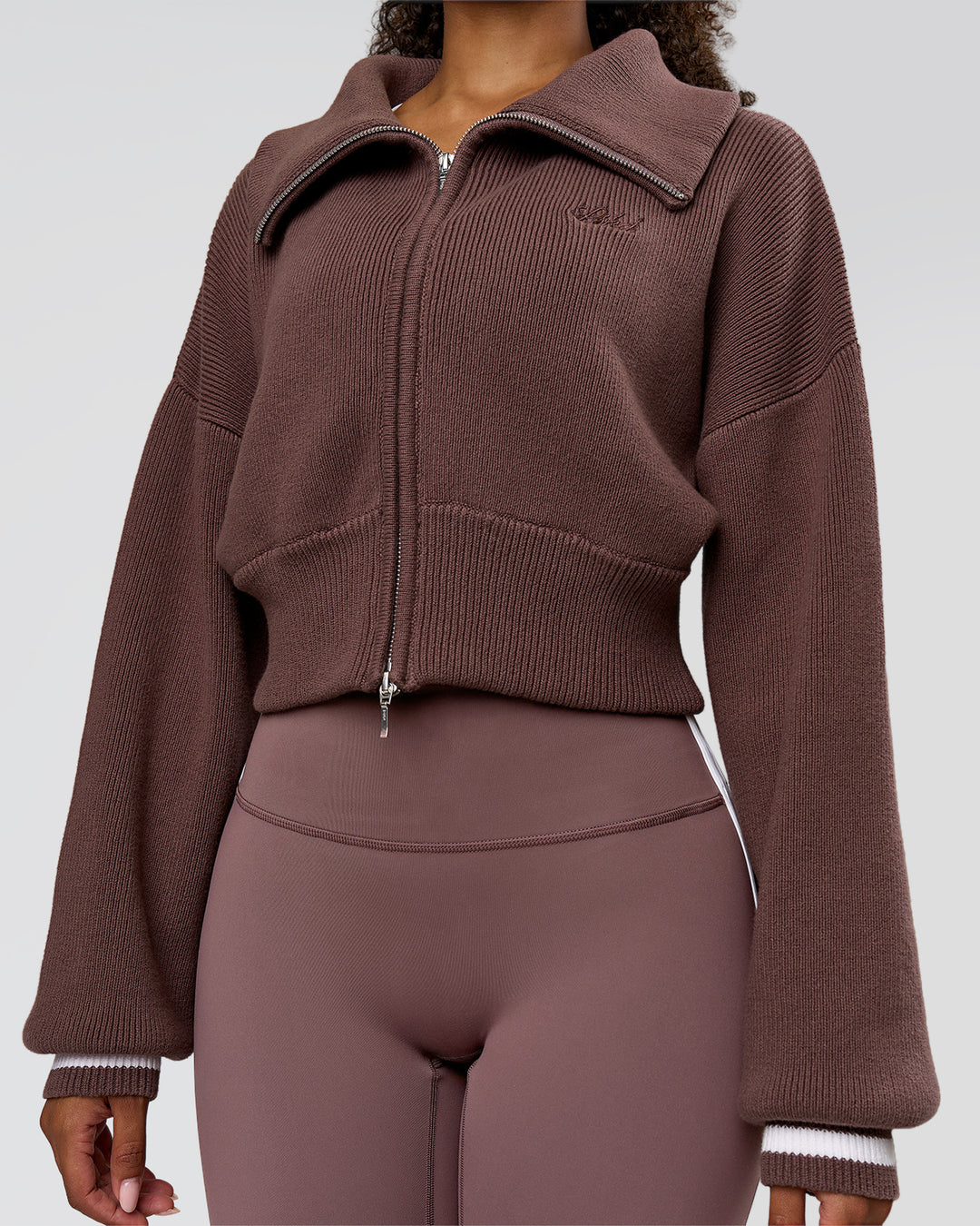 Woman wearing Fierce Knitted Cardigan - Cocoa Powder-White | Model:Jordan | Size:S - view 5