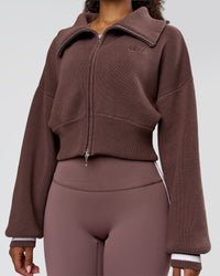 Woman wearing Fierce Knitted Cardigan - Cocoa Powder-White | Model:Jordan | Size:S | Thumbnail Index: 4
