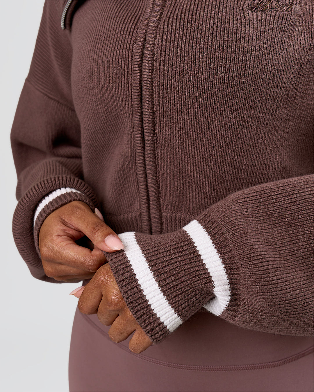 Woman wearing Fierce Knitted Cardigan - Cocoa Powder-White | Model:Jordan | Size:S - view 6