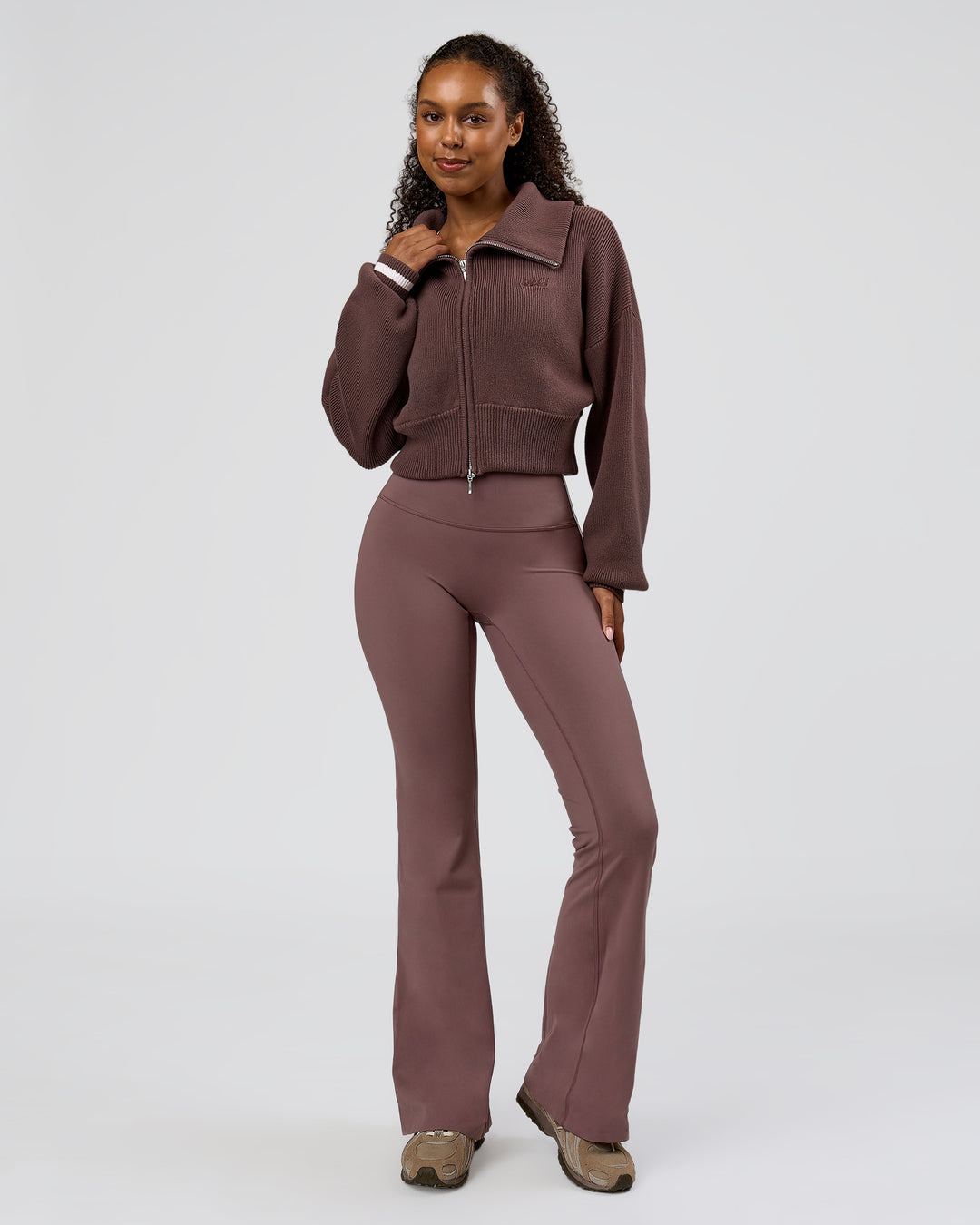 Woman wearing Fierce Knitted Cardigan - Cocoa Powder-White | Model:Jordan | Size:S - view 8