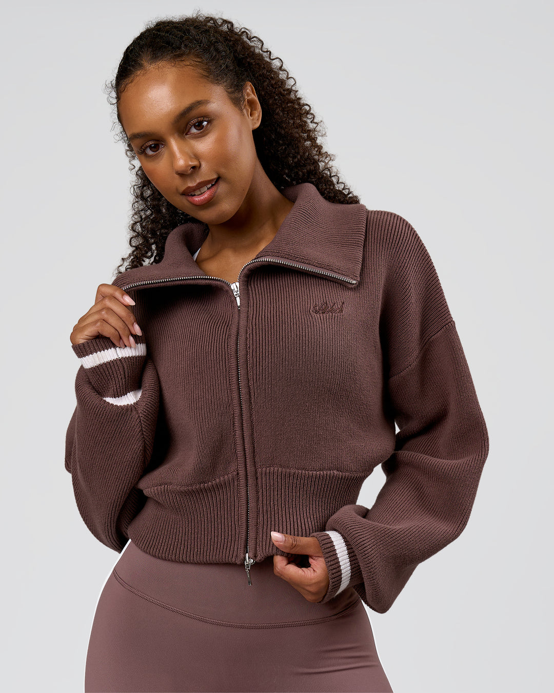 Woman wearing Fierce Knitted Cardigan - Cocoa Powder-White | Model:Jordan | Size:S - view 1