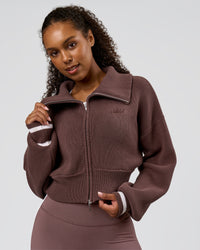 Woman wearing Fierce Knitted Cardigan - Cocoa Powder-White | Model:Jordan | Size:S | Thumbnail Index: 0